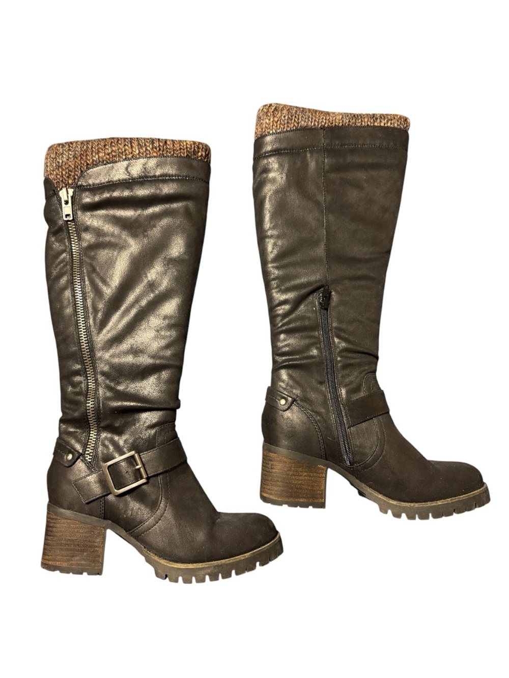 Steve Madden Brown Leather Knee-High Block Heel Boots with Knit Cuff